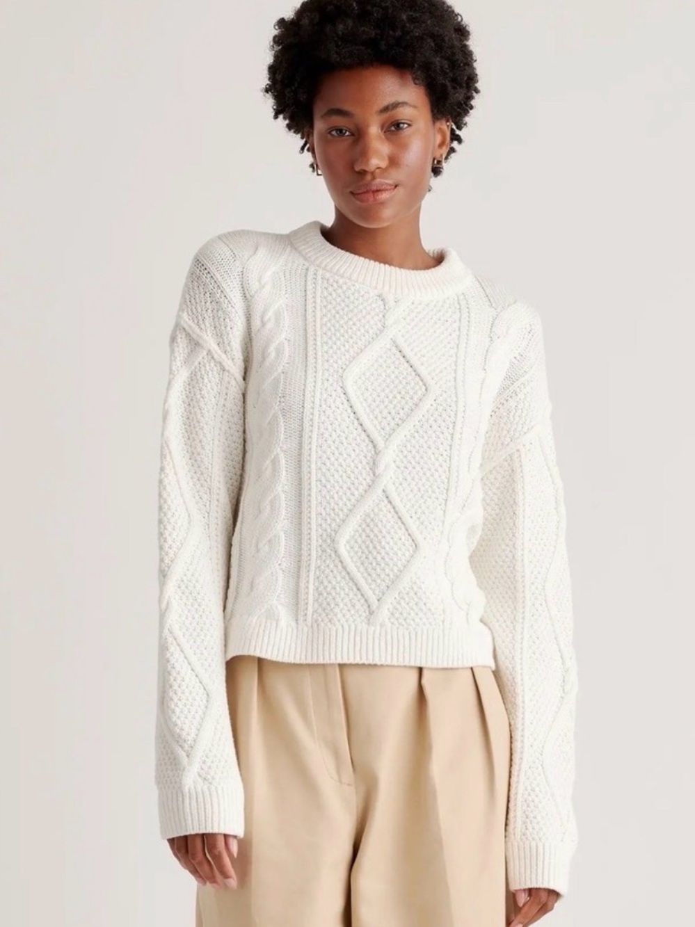 Quince Cream Cable-Knit Crewneck Sweater